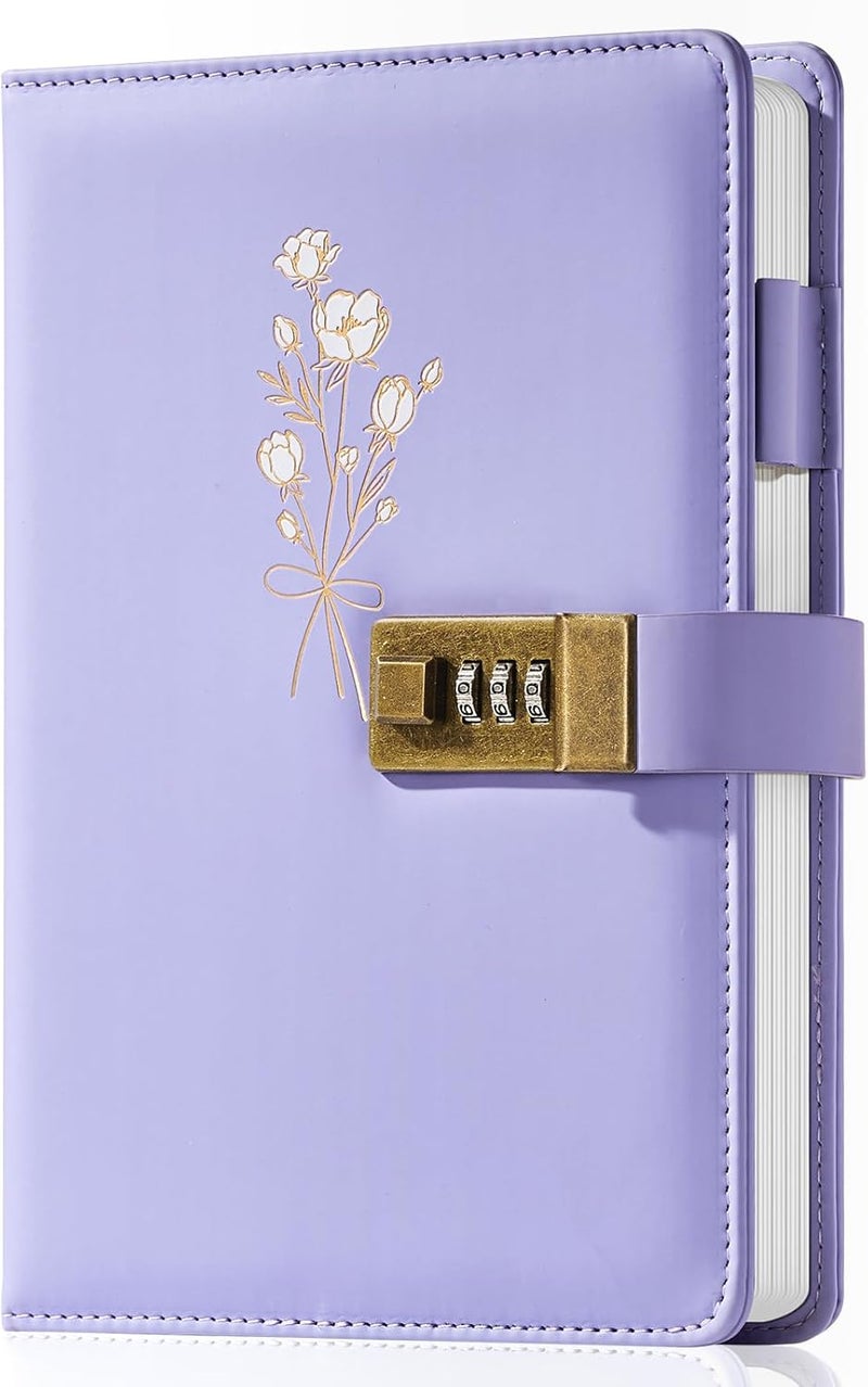 Ovesmusl Diary with Lock for Girls A5 Leather Diary for Women 260 Pages 100 GSM Refillable Journal with Lock for Teens Secrets Flower Journals with Combination Passwords, 5.7"x8.3", Purple - Image 1